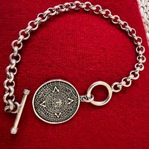 CII Mexico Sterling Silver Aztec Mayan Calendar Rolo Link Toggle Bracelet - 8”